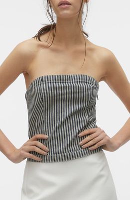 VERO MODA Ziva Stripe Strapless Denim Top in Medium Blue Denim St 