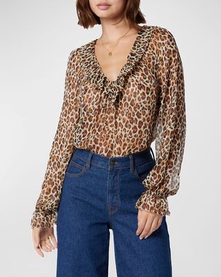 Veron Leopard-Print Ruffle Silk Top