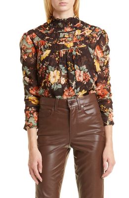 Veronica Beard Ares Puff Sleeve Floral Silk Blouse in Oxblood Multi