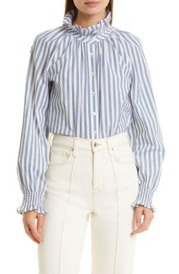 Veronica Beard Calisto Stripe Ruffle Stretch Cotton Shirt in Washed Blue/White