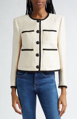 Veronica Beard Darla Embroidered Contrast Trim Jacket in Ecru