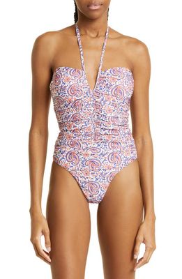 Veronica Beard Hazina Paisley Ruched One-Piece Swimsuit in Watermelon/Blue