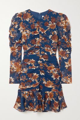 Veronica Beard - Hedera Ruched Floral-print Silk-chiffon Mini Dress - Blue