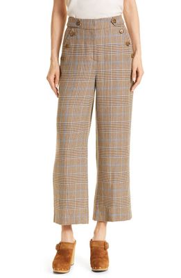 Veronica Beard Hunter Linen & Cotton Glen Plaid Trousers in Camel/Steel Blue Multi