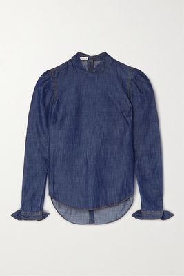 Veronica Beard - Isabel Button-embellished Cotton-chambray And Tencel Top - Blue