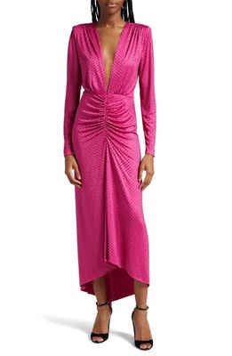 Veronica Beard Kiah Rhinestone Plunge Neck Long Sleeve High-Low Maxi Dress in Fuchsia