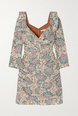 Veronica Beard - Lozano Ruched Printed Silk-blend Crepe Mini Dress - Neutrals
