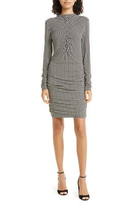 Veronica Beard Mizani Houndstooth Ruched Long Sleeve Dress in Off White Black