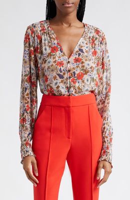 Veronica Beard Neha Floral Print Smocked Top in Line Florl Coral