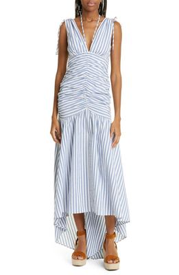 Veronica Beard Perrin Mixed Stripe High-Low Stretch Cotton Dress in Washed Blue/White