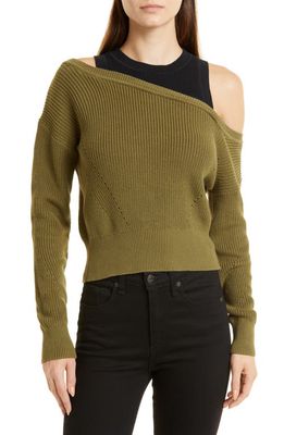 Veronica Beard Prescott Layered Look Cold Shoulder Sweater in Army
