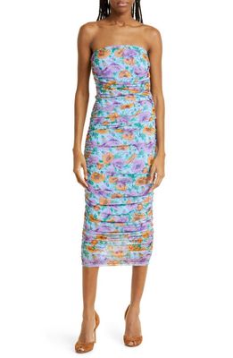 Veronica Beard Quiana Floral Ruched Strapless Midi Dress in Lake Blue Multi