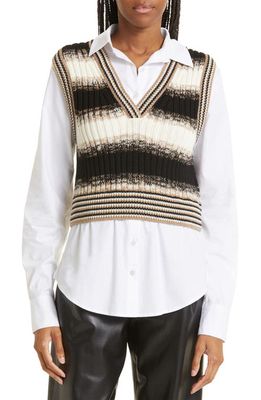 Veronica Beard Spear Mixed Media Stripe Wool Vest & Cotton-Blend Shirt in Black Multi