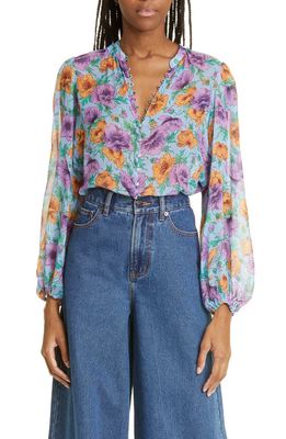 Veronica Beard Syden Floral Silk Buton-Up Blouse in Lake Blue Multi