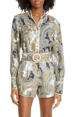 Veronica Beard Thorp Paisley Print Linen Button-Up Blouse in Army Multi