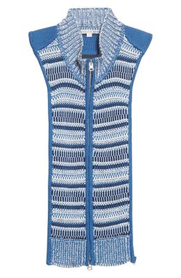 Veronica Beard Vivi Front Zip Mercerized Cotton Sweater Dickey in Blue Multi