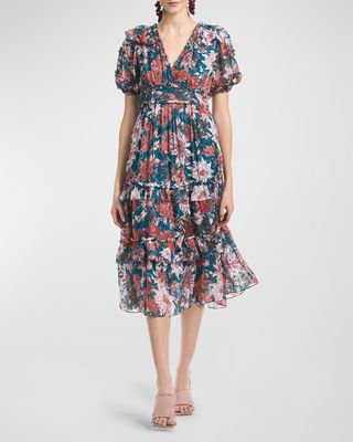 Veronica Floral-Print Ruffle-Trim Midi Dress