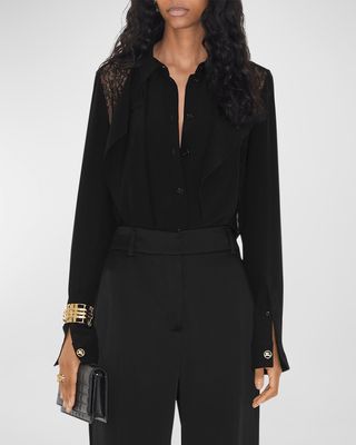 Veronica Silk Button-Front Blouse with Lace Detail