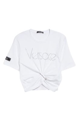 Versace 1978 Re-Edition Rhinestone Logo Safety Pin Crop Cotton T-Shirt in White Crystal