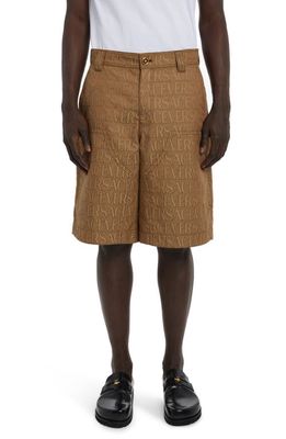 Versace Allover Logo Jacquard Techno Canvas Shorts in Brown Beige