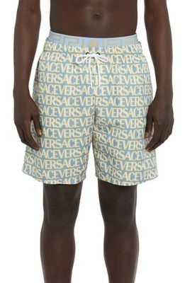 Versace Allover Logo Print Swim Board Shorts in 5V510-Light Blue Ivory