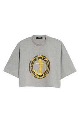 Versace Anchor Logo Crop Graphic T-Shirt in Grey Melange/Multicolor