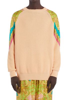 Versace Barocco Goddess Silk Inset Cotton Crewneck Sweater in Nude Multi