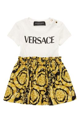 Versace Barocco Print Cotton Logo Dress in Bianco Nero Oro