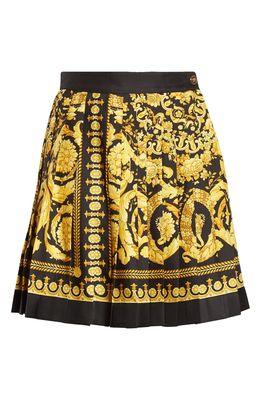 Versace Barocco Print Pleated Silk Skirt in Black Gold