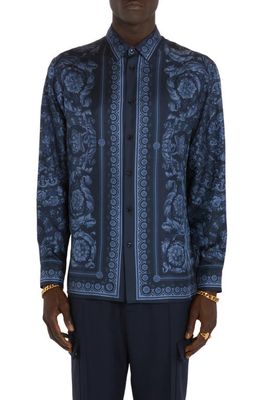 Versace Barocco Print Silk Button-Up Shirt in Navy Blue