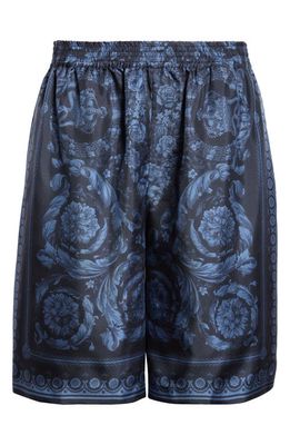Versace Barocco Print Silk Twill Shorts in Navy Blue