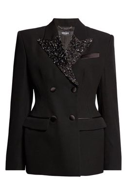Versace Baroccodile Beaded Lapel Double Breasted Virgin Wool Blazer in Black