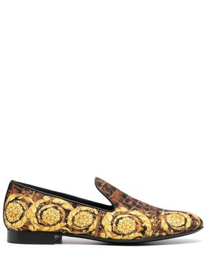 Versace Baroccodile-print satin slippers - Yellow