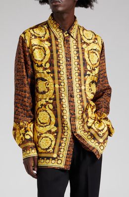Versace Baroccodile Print Silk Button-Up Shirt in Caramel Black Gold