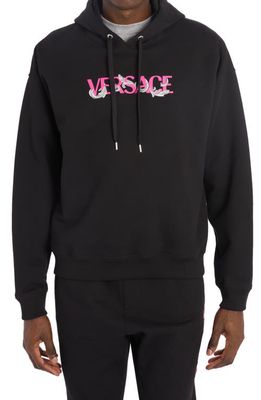 Versace Baroque Embroidered Cotton Logo Hoodie in Black
