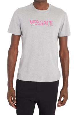 Versace Baroque Embroidered Cotton Logo Tee in Light Grey