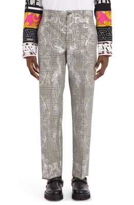 Versace Baroque Overlay Flat Front Wool Trousers in Grey/Silver