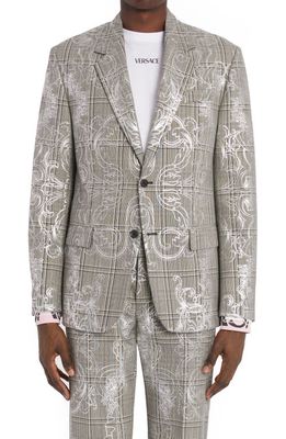 Versace Baroque Overlay Glen Plaid Wool Jacket in Grey/Silver