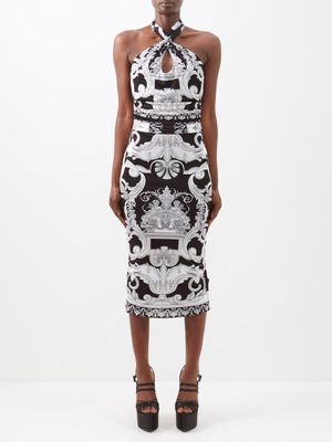 Versace - Baroque-print Jersey Halterneck Dress - Womens - Black White