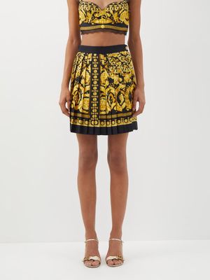 Versace - Baroque-print Pleated Silk-twill Mini Skirt - Womens - Yellow Black