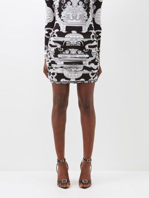 Versace - Baroque-print Ruched Jersey Mini Skirt - Womens - Black White