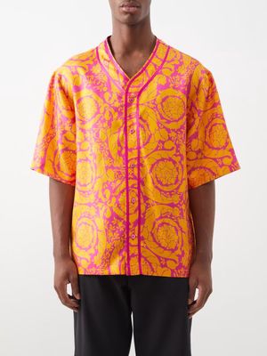 Versace - Baroque-print Silk-twill Baseball Shirt - Mens - Orange Multi