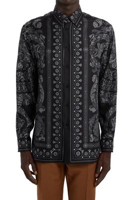 Versace Baroque Studded Silk Button-Up Shirt in Black/Silver