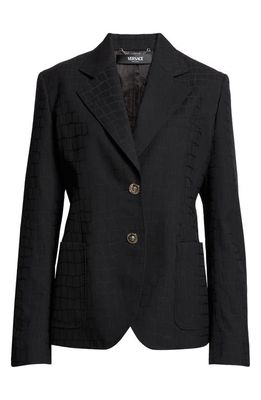 Versace Barroccodile Jacquard Single Breasted Virgin Wool Blazer in Black