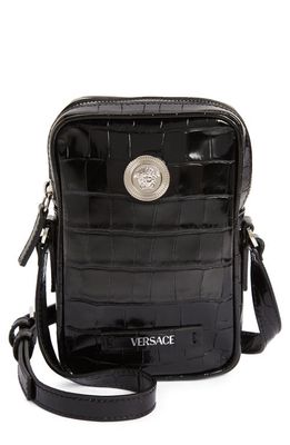 Versace Biggie Medusa Croc Embossed Phone Crossbody Bag in 1B00P-Black-Palladium