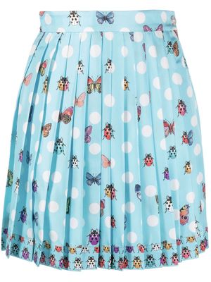 Versace butterfly-print pleated silk skirt - Blue