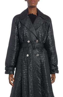 Versace Croc Textured Lacquered A-Line Trench Coat in Black