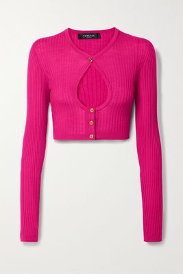 Versace - Cropped Cutout Ribbed Wool Cardigan - Pink
