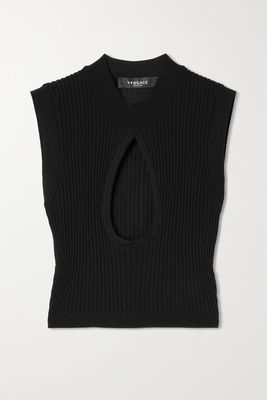 Versace - Cropped Cutout Ribbed Wool Top - Black