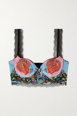 Versace - Cropped Printed Silk-satin And Lace Top - Blue